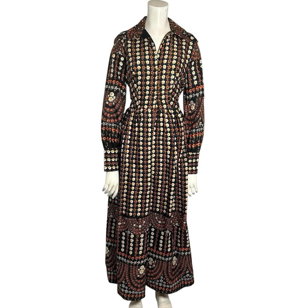 Vintage 1970s Lanzillotti Bzzz-Bzzz Floral Border Print Maxi Dress Boho SMALL